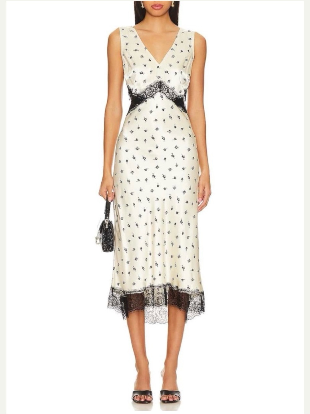 Rails Pandora Champagne Floral Midi Dress with Black Lace Trim Size: Large